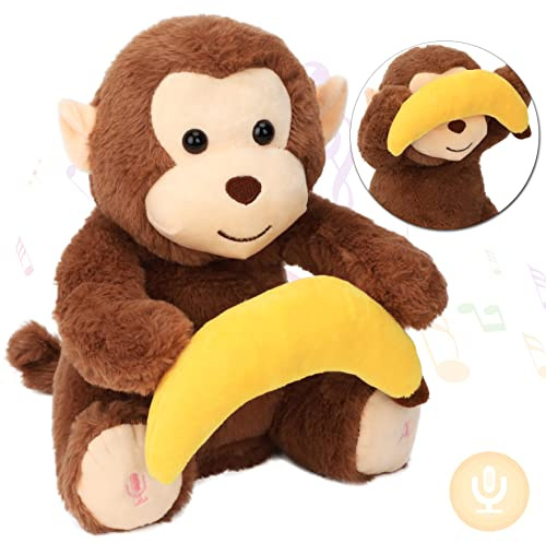 Hopearl Guck-Guck AFFE mit Banane Interaktiv Wiederholt Gesagtes Plüsch Spielzeug Musical Singend Sprechendes, Peek A Boo Stofftier Niedlich Elektrisch Animiert Geburtstagsfest, Braun, 28 cm