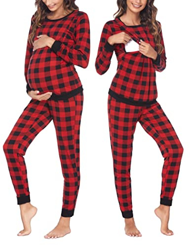 Ekouaer Premamá Pijama Pijamas para Mujeres con función de enfermería Manga Larga y Pantalones Larga Invierno en Cuello Redondo, Cuadros, XL
