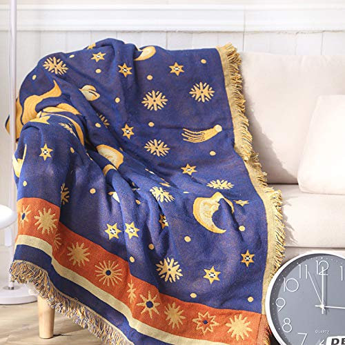 KYDCO Große Überwurfdecke, Boho-Sonne-Mond-Stern-Fransen-Decken-Schal, Multifunktionale Gestrickte Überwürfe Für Sofas, Bett, Couch, Sessel,Blau,90x150CM