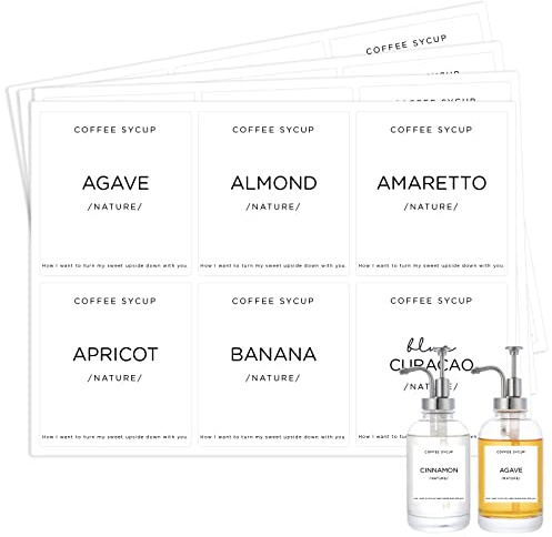 Joyfulmap Kaffeesirup-Etiketten, 6 x 6,5 cm, minimalistisches Etikett für Kaffeebar-Zubehör, wasserdichtes Vinyl, unverzichtbar für Sirupglas/Kunststoffflasche und Spenderorganisation (weiß), 84 Stück