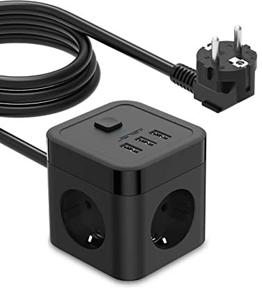 JSVER Regleta Enchufe Cube con USB de 3 Tomas(3680W/16A) con 3 USB Puertos 15,5W Alargadera Electrica con Cable 3M para el hogar, la Oficina y los Viajes Negro