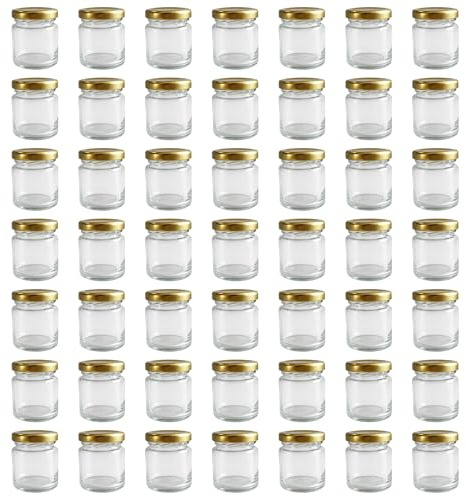 Vitrea 50x Mini Marmeladengläser 37 ml - mit Deckel Gold TO 43 - kleine Einmachgläser zum befüllen mit Schraubdeckel - Schraubgläser - leere Gläser für Marmelade - 50 Stück