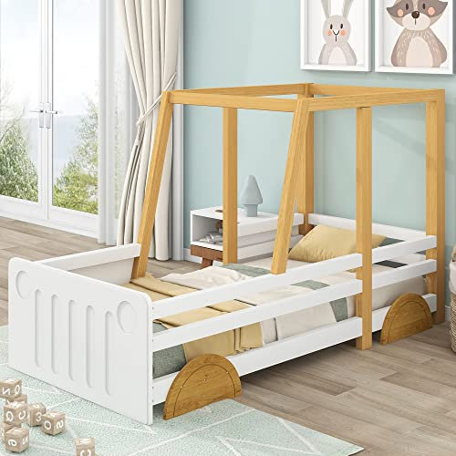 Autobett 90 x 200cm, Jeep-Bett, Kinderbett mit MDF-Rädern, Lattenrost Rahmen aus Kiefer, weiß + Natur