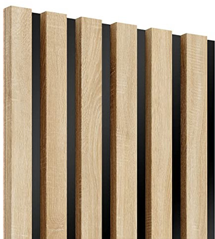 KLEMP Wandpaneele – Lamellenleisten aus MDF auf HDF Platte 30x275 cm, Wandverkleidung zur Montage mit Kleber oder Klebeband auf schwarzem Untergrund 3er-set Sonoma Eiche