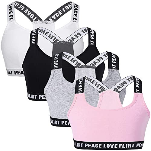4 Pieces Young Girls Bras Cotton Teenage Underwear Racerback Sports Training Bra with Detachable Pads Padded Crop Tops 8-12 Years Girls