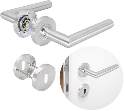 MARIE Türklinken Edelstahl mit Rosette Ø 53x9 mm, Türgriffe Innentüren mit Bohrschablone, Drückergarnitur, Türgriff Set für Türstärke 20 – 47 mm 2 PACK