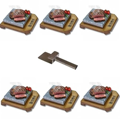 Piedra Volcánica para hacer Carne a la 6 sets completos personalizados PC de 16x16, base de madera y bandeja de acero inoxidable- Incluye levantador para manipular la piedra