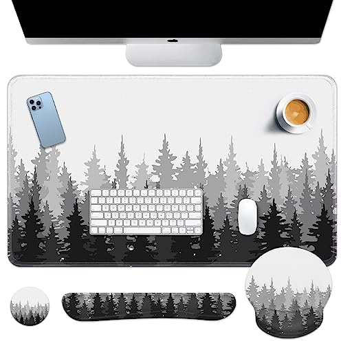 Arttown Schreibtischunterlage aus Kiefernholz, Waldlandschaft, Mauspad mit Handgelenkstütze, 4-in-1 großes Mauspad + Tastatur-Handgelenkauflage + Maus-Handgelenkauflage + Untersetzer mit ergonomischem