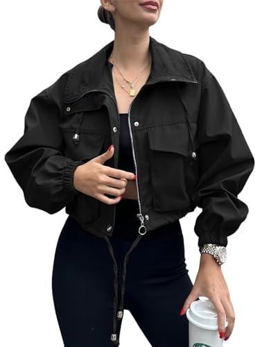 Tankaneo Womens Cropped Jacket Zip Up Lightweight Oversized Utility Anorak Coat with Pockets