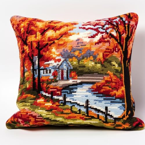 Taxpy Diy Knüpfkissen Mit Vordruck Herbst-Waldhütte Anf?nger-Klinkenhaken-Kits，Stickerei Handwerk Kissenbezug Verschluss Haken Kissenbezug 17X17In B