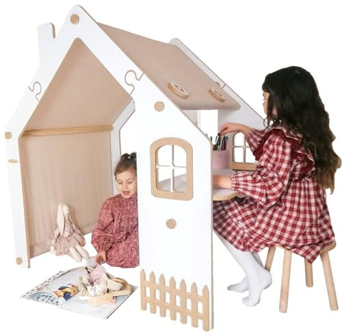 Create for you - 2in1 Spielhaus mit Schreibtisch und Hocker - für Kinderzimmer, Mädchen, Junge - Kinderladen, Spielzelt - mit Baumwolldecke - Indoor - aus MDF und Holz - Weiß - 114 x 86 x 120 cm