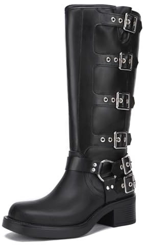 Athlefit Women's Knee High Riding Boots Buckle Biker Boots Black 6