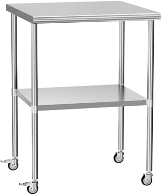 HOCCOT Stainless Steel Table with Wheels 30 x 30 Utility Worktable with Adjustable Undershelf for Commercial Kitchen, Garage, Restaurant