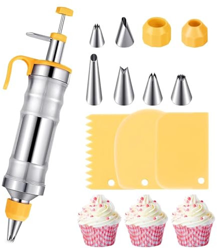 Icing Piping Gun for Cake Decorating, 14Oz Large Piping Icing Syringe Set, Stainless Steel Frosting Baking Tools with 6 Tips 2 Couplers 3 Cake Scrapers, Piping Bags and Nozzles Set