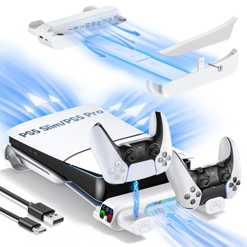 Tokluck Support PS5 Horizontal pour PS5 Slim/Pro Disc et Digital, Refroidissement P5 avec Chargeur à Double Manette, Support Playstation5 Amélioré pour Console Slim&Pro (Incompatible avec P5 2020)