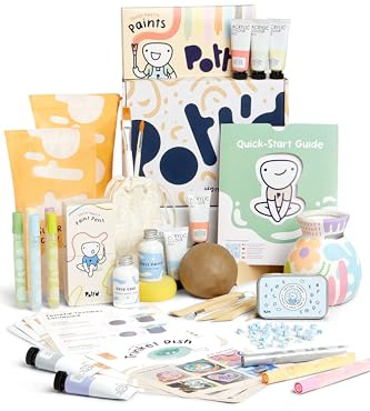 Pott'd™ Deluxe Edition Lufttrocknendes Ton-Heim-Töpferei-Set für Anfänger inklusive Werkzeugen, Farben, Pinseln, Versiegelungslack, Anleitung und Inspiration, Malstifte, Töpfereistempeln