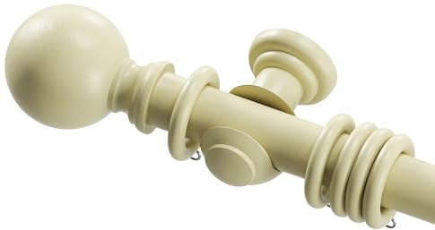 Home Hacks Wooden Curtain Pole Set Wall Mounted Natural Wood Curtain Rail with Finials Brackets Rings Fixed Length Rod Ideal for Eyelet Curtains, Home Office, Living Room, Kitchen (Cream, 240cm)