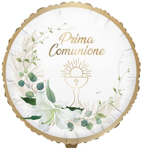 MYLAR PREMIÈRE COMMUNION CALICE FLEUR Ø 45 CM blanc or vert et fleur blanche pour décorations première communion
