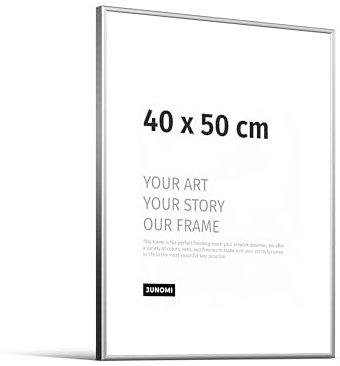 JUNOMI® Marco de fotos 40 × 50 cm – aluminio plata mate, perfil extrafino, cristal acrílico irrompible, colgador horizontal y vertical