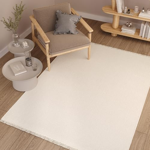 TAPISO Agra Teppich Creme Einfarbig Schlingen Wohnzimmer 300 x 400 cm | Teppich mit Fransen Modern Boho Design Weich Loop Optik Schlafzimmer OEKO-TEX