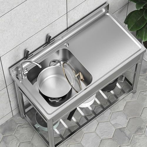 Stainless Steel Kitchen Sink, with Stand - Single Bowl Free Standing Utility Catering Sink Unit for Outdoor Use, Work Surface and Water Taps Included