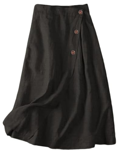 Falda midi de lino con bolsillos, faldas midi de lino para mujer, faldas de lino para mujer, falda de lino, Negro, XL