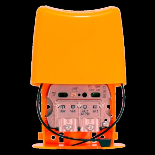 Amplificador de mástil 12-24V, 3E/1S, para mejorar señal de TV y radio en áreas con cobertura débil.