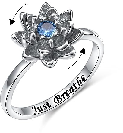 Flyow Just Breathe Lotus Spinner Ring für Damen 925 Sterling Silber Oxidation Blume Fidget Ringe für Angst Stress Relieving ADHD Autismus Ringe Yoga Geschenke Inspirational Band Ring