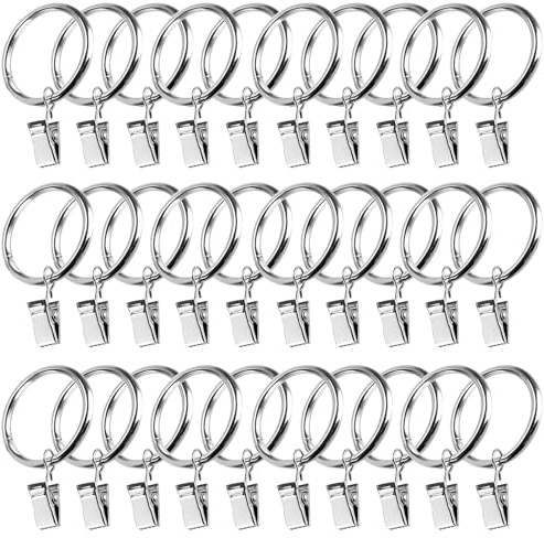 30PCS Curtain Rod Ring Clips, Rings With Clips, Rustproof Metal Drapery with Hook, for and Rods, 32mm Sliding Eyelet Curtain (Silver)