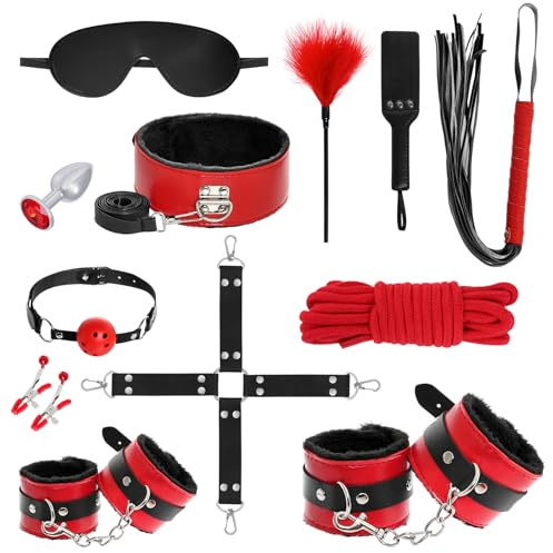 12er BDSM Bondage Set Fesselset Erotik SM Sex Spielzeug Zugband Handschellen Knöchelmanschetten Analplug Nippelklemmen Ballknebel Federkitzler Augenmaske Peitsche Paddel Baumwollseil (rot & schwarz)