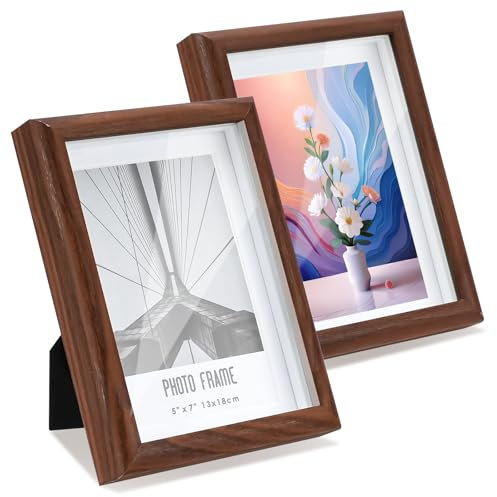 HMIEPRS Marco de Foto 13x18cm, 2 Piezas Marcos de Fotos Patrón de Madera con Pie y Enganche de Pared, Marcos de Escritorio de Cristal Real Decoración de Hogar para Mesa o Montaje de Pared