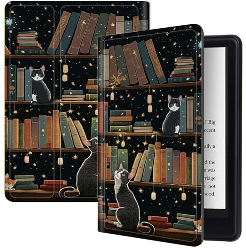 Custodia per Kindle Paperwhite di 12a generazione 2024 (7) e Kindle Colorsoft Signature Edition da 7 con libreria di gatti, custodia pieghevole multi-angolo di visualizzazione con funzione di