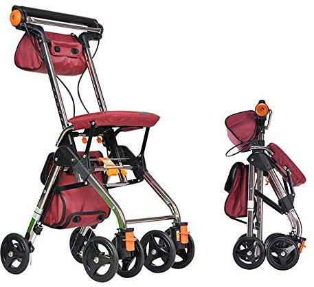 WDWDW Gehhilfe für Senioren, Rollator mit Vier Rädern, Seilbremsen, Schwenkrädern, gepolstertem Sitz und Rückenlehne, leichtem, zusammenklappbarem Aluminiumrahmen, feststellbaren Bremsen, Gehhilfe