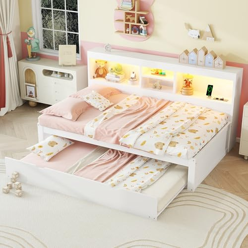 Merax Schlafsofa Tagesbett 90x200 mit Ausziehbett, Kinderbett Funktionsbett mit Staufach, Steckdose+USB, LED-Bettrahmen mit Lattenrost (ohne Matratze), für Wohnzimmer/Schlafzimmer/Gästezimmer, Weiß