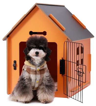 Hundehütte Indoor für kleine Hunde oder Katzen, gemütliches Holzdesign, kleines Innenbetthaus, mit Lüftungsschlitzen und erhöhtem Boden, warme Hundehöhle (Orange)