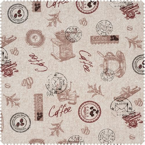 VBS Marktplatz Motiv-Stoff Leinenoptik Coffee 140 cm Breite einseitig bedruckt Motivgröße 1.5-9 cm Ökotex 100 Baumwolle Polyester waschbar bei 30°C im Schonwaschgang ideal für Nähprojekte