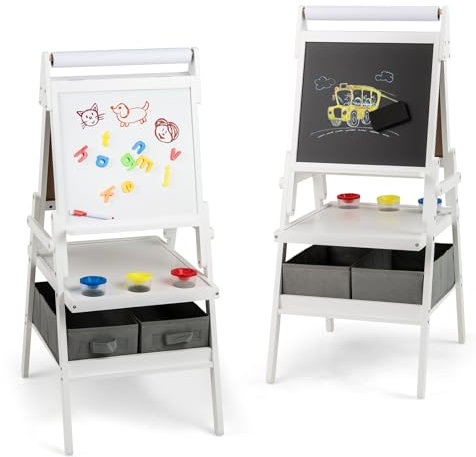 GOPLUS 3 in 1 Kinderstaffelei, multifunktionale Doppelstaffelei mit Whiteboard, Kreidetafel & Papierrolle, stehende Kindertafel mit Regal, 3 Bechern & 2 Stoffschubladen, für Kinder ab 3 Jahren (Weiß)
