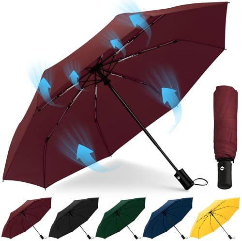 HEXSOLID 106/117CM Paraguas Plegable Antiviento Automático 8 Rib Paraguas A Prueba De Viento Paraguas Plegable Mujer Y Hombre Compacto De Viaje Interruptor Automático(Rojo,92)