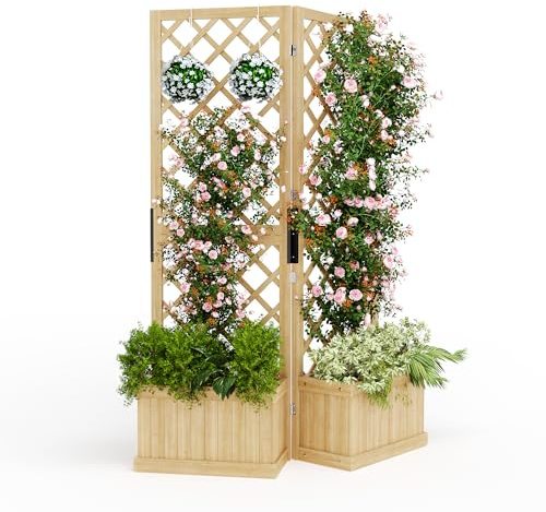 Sichtschutz für den Außenbereich mit Pflanzkasten, 104 x 25 x 165 cm, Zedernholz, Gartenzaun-Panel, 2 aufklappbare freistehende Bildschirme, Abflusslöcher, Hochbeet-Set für Hinterhof, Terrasse und