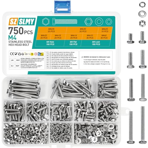 750 Pcs M4 Bolts and Nuts Set, Flat Hex, Hex Sets, Outer Hexagon Machine Screws and Nuts and Flat Washers & Lock Washers, Bike Bolts (750, M4)