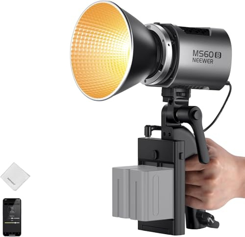 NEEWER MS60B Lampe Vidéo LED 2,4 GHz/Contrôle par Application, 65W, Mini Projecteur Compact COB en Métal, éclairage Continu Bowens pour Studio Photo, 40 000lux/1m,2 700-6 500K,CRI 97+/TLCI 98+, Argent