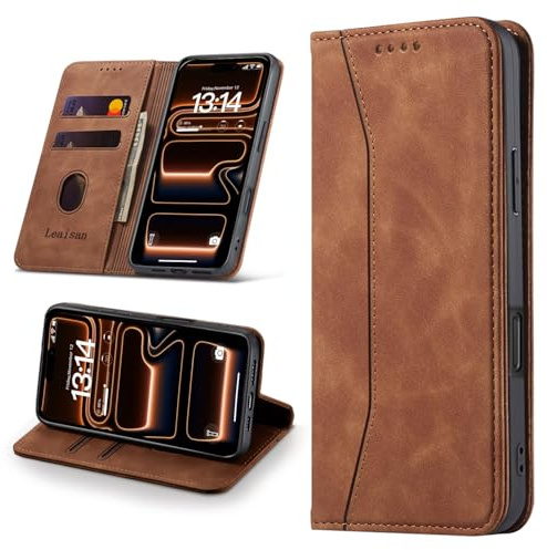 Leaisan Handyhülle für iPhone 17 Pro Hülle Premium Leder Flip Klappbare Stoßfeste Magnetische [Standfunktion] [Kartenfächern] Schutzhülle für iPhone 17 Pro Tasche - Braun