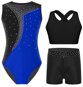 Yruioon 3 Stück Mädchen Turnanzug Ärmellos Gymnastikanzug Streifen Gymnastik Leotard + Sport BH Tops + Shorts Turnen Gymnastik Kleidung