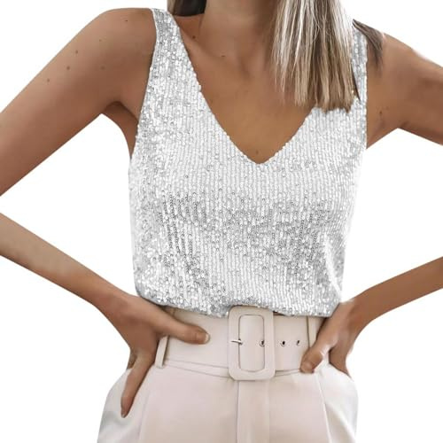 Damen Pailletten V-Ausschnitt Tank Top Glitzer Abendmode mit Trägern