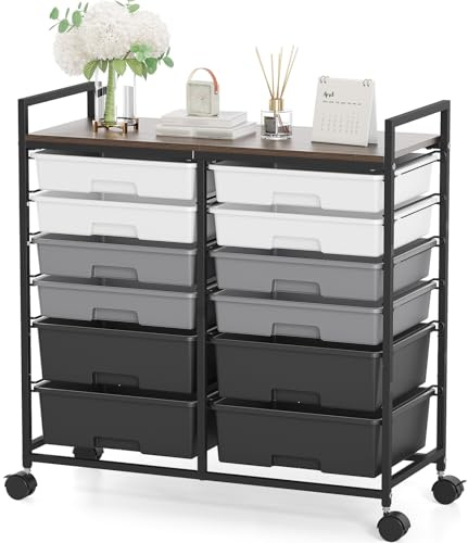 KINGRACK Rollcontainer mit 12 Schubladen und Holzarbeitsplatte, Schubladenschrank für Badezimmer, Küchen, Wohnzimmer und Büros (Grau)