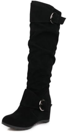 Stivali Donna con Tacco a Cuneo al Ginocchio in Pelle Scamosciata Stile Equitazione con Lato Elastico - Eleganza e Comfort Slip-On,Nero,41 EU