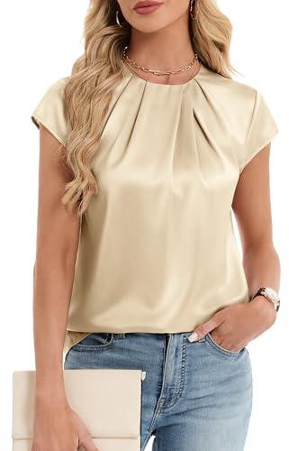 Funlingo Blouses for Women Dressy Casual Summer Cap Short Sleeve Silk Satin Tops Fashion Front Pleated Work Shirts Business Casual Outfits Beige L