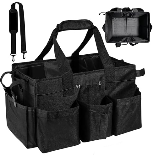KEGOZ Cleaning Caddy Bag, Foldable Large Capacity Cleaning Bag with Handle & Detachable Thick Dividers, Oxford Cleaning Products Organiser, Multifunctional Cleaning Bags for Home, Car, Garden (Black)