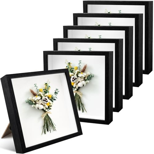 6 Stück 3D-Bilderrahmen zum Befüllen, 20 x 20 cm Holz Objektrahmen, Schwarz | Tiefe Objektrahmen aus Holz für Fotos, Blumen, Erinnerungsstücke und DIY-Kunst – zum Aufstellen oder Aufhängen