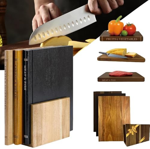 Set di 3 taglieri in legno massiccio a forma di libro, per verdure, formaggio, pane e carne, set regalo decorativo (3 pezzi)